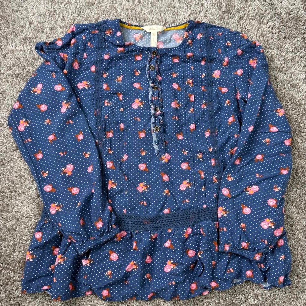 Matilda Jane blue floral blouse with pink flowers and white polka dots, size XS